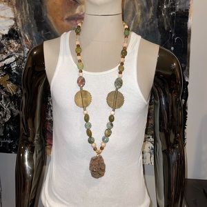 Hand crafted wood and stone bead tribal necklace